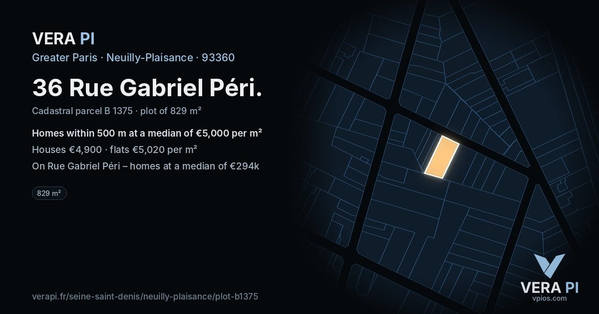 36 Rue Gabriel Péri, Neuilly-Plaisance at night – the plot lit, the parcels around coloured by the prices near them
