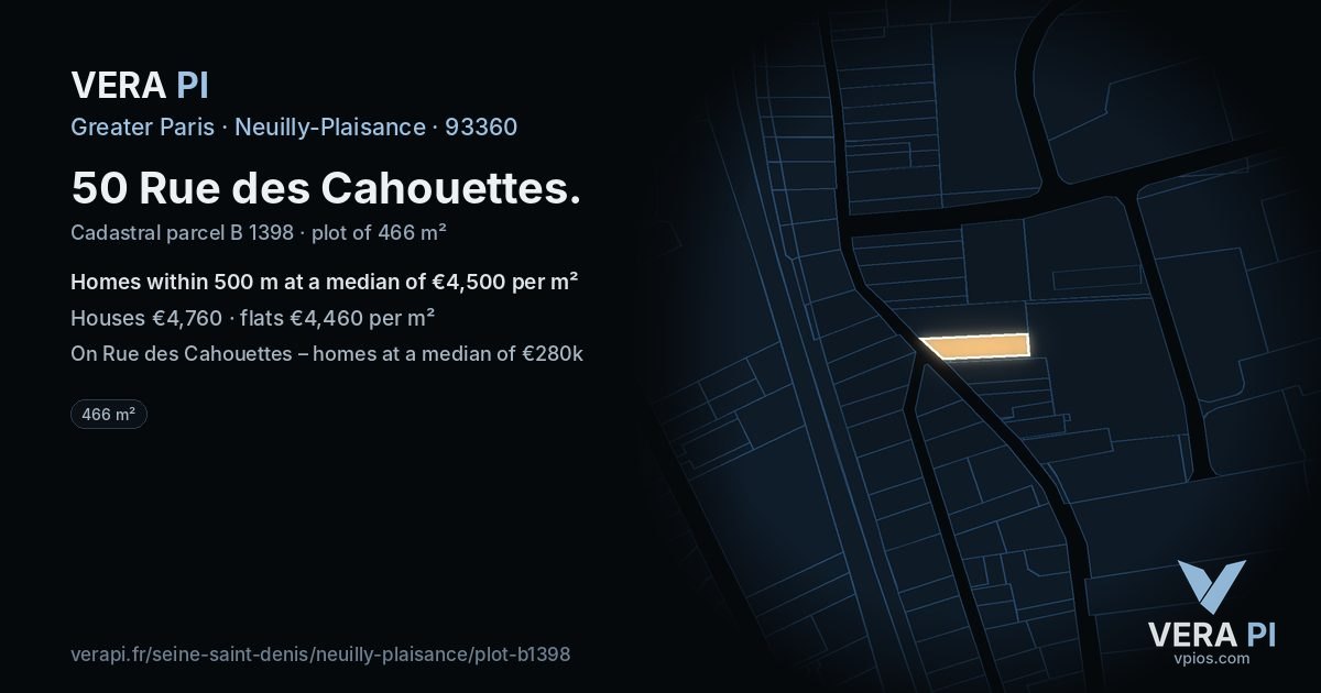 50 Rue des Cahouettes, Neuilly-Plaisance at night – the plot lit, the parcels around coloured by the prices near them
