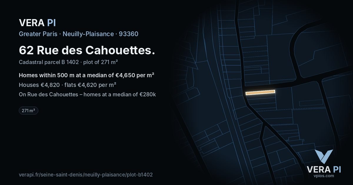 62 Rue des Cahouettes, Neuilly-Plaisance at night – the plot lit, the parcels around coloured by the prices near them
