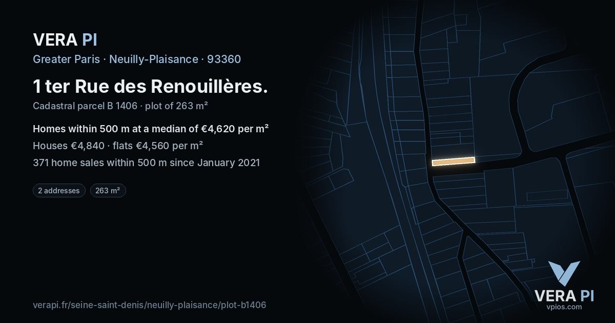 1 ter Rue des Renouillères, Neuilly-Plaisance at night – the plot lit, the parcels around coloured by the prices near them