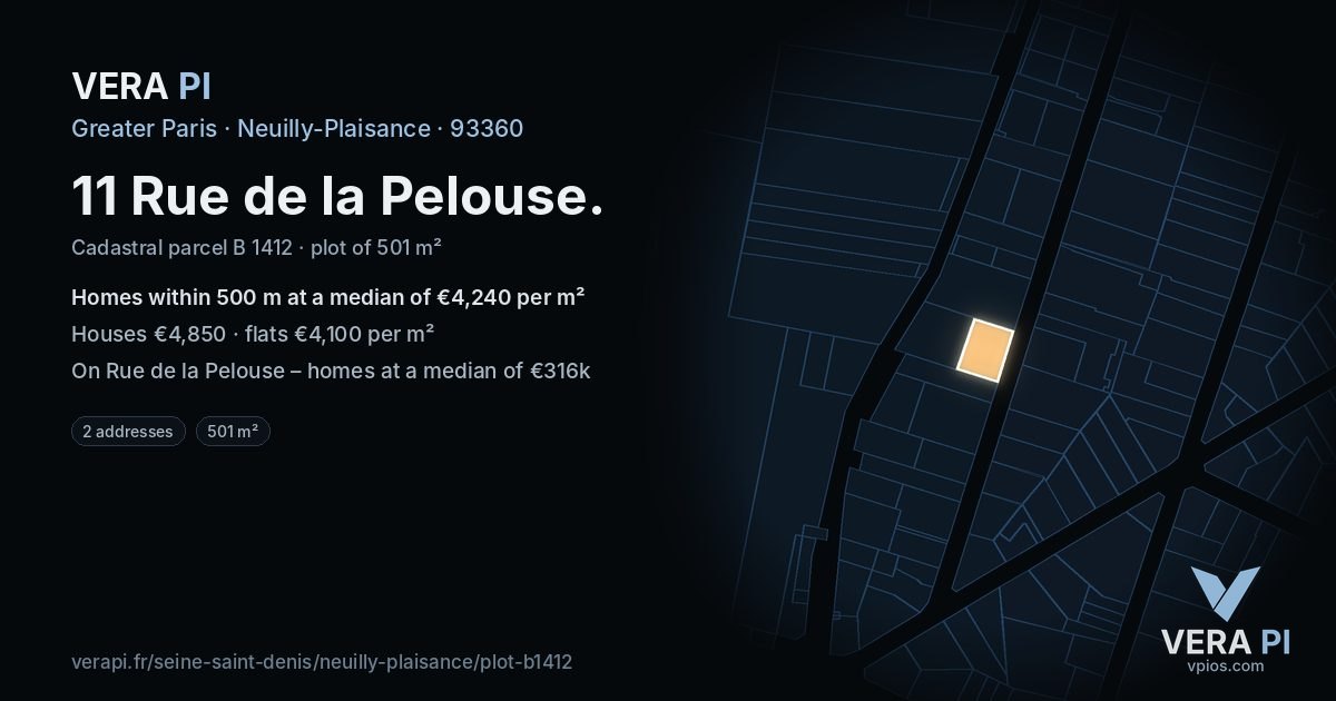11 Rue de la Pelouse, Neuilly-Plaisance at night – the plot lit, the parcels around coloured by the prices near them