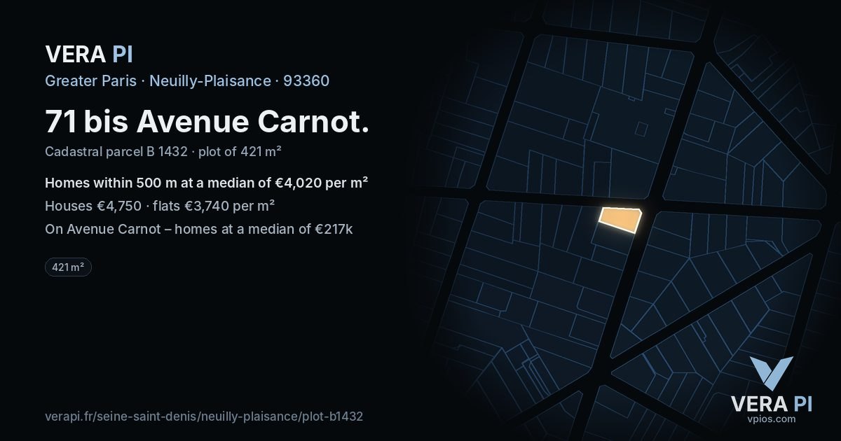 71 bis Avenue Carnot, Neuilly-Plaisance at night – the plot lit, the parcels around coloured by the prices near them