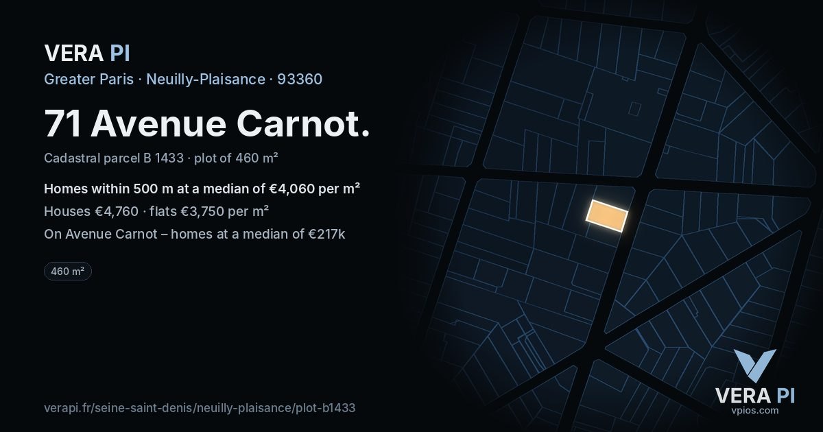 71 Avenue Carnot, Neuilly-Plaisance at night – the plot lit, the parcels around coloured by the prices near them