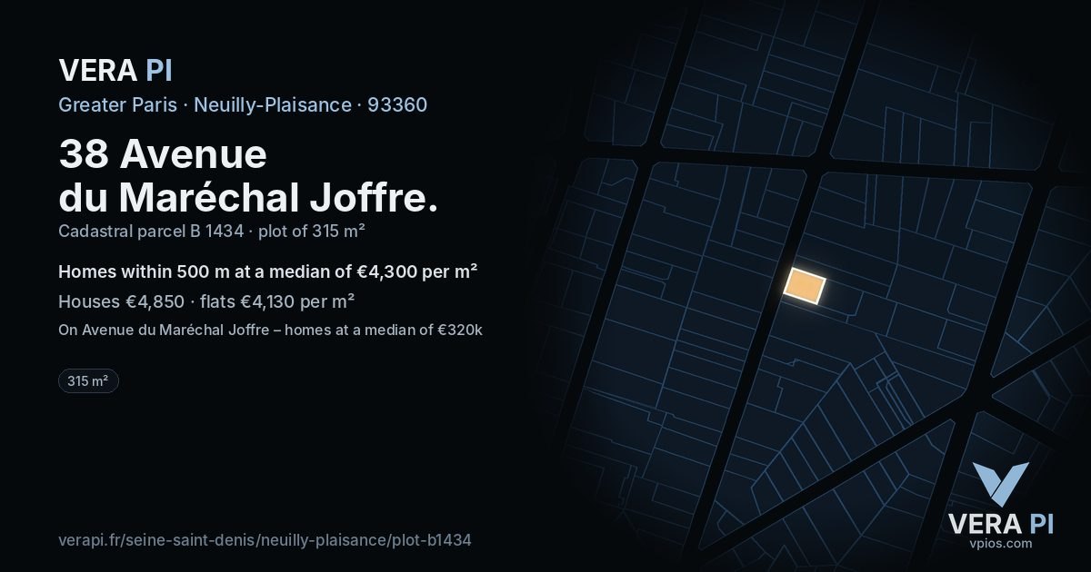 38 Avenue du Maréchal Joffre, Neuilly-Plaisance at night – the plot lit, the parcels around coloured by the prices near them