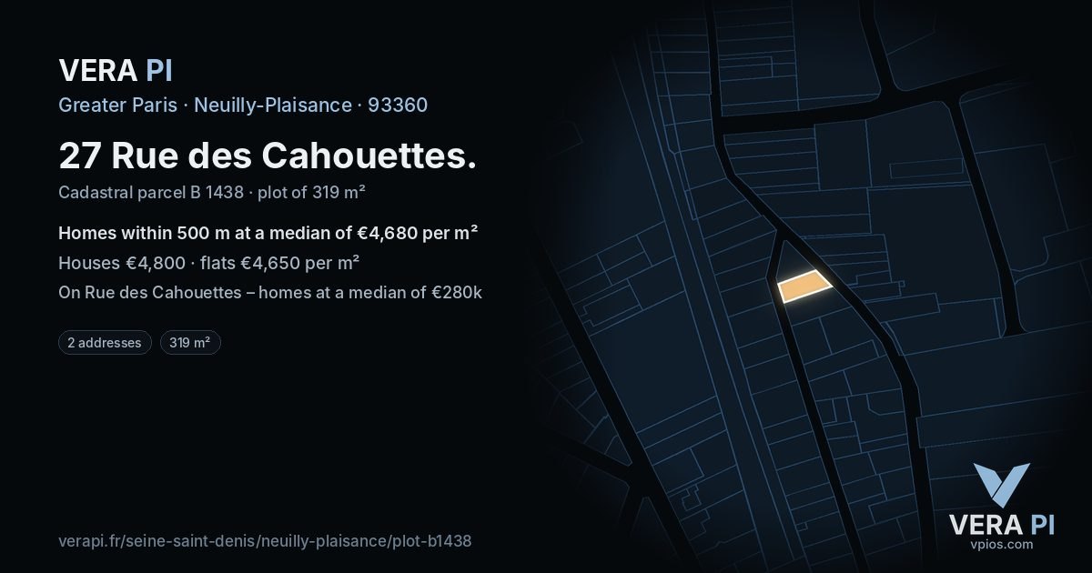 27 Rue des Cahouettes, Neuilly-Plaisance at night – the plot lit, the parcels around coloured by the prices near them