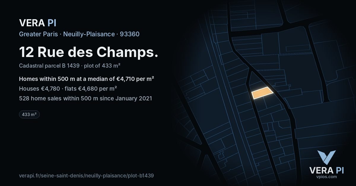 12 Rue des Champs, Neuilly-Plaisance at night – the plot lit, the parcels around coloured by the prices near them