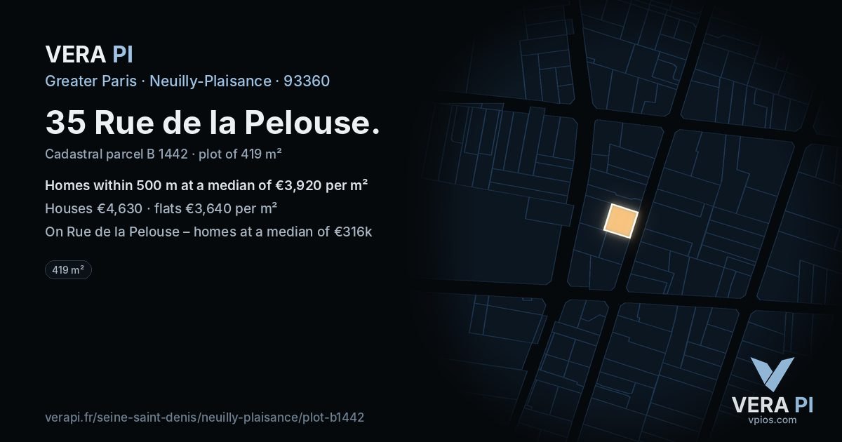 35 Rue de la Pelouse, Neuilly-Plaisance at night – the plot lit, the parcels around coloured by the prices near them