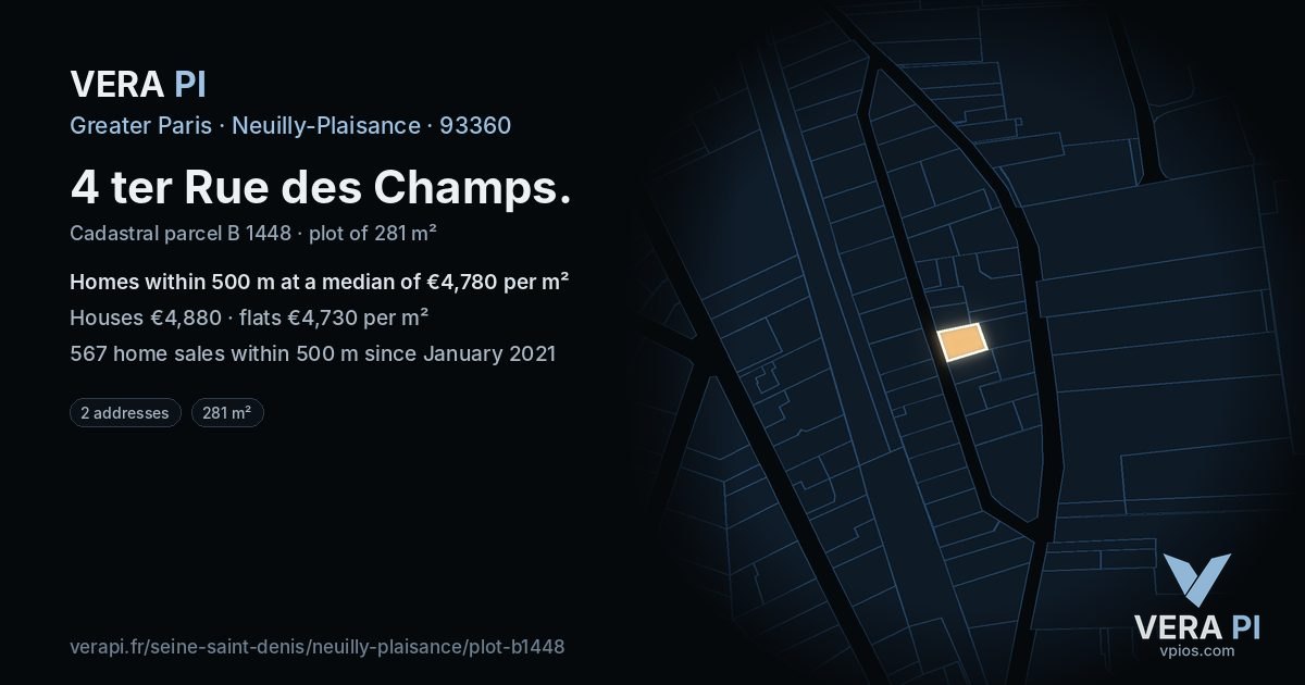 4 ter Rue des Champs, Neuilly-Plaisance at night – the plot lit, the parcels around coloured by the prices near them