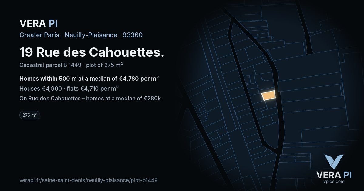 19 Rue des Cahouettes, Neuilly-Plaisance at night – the plot lit, the parcels around coloured by the prices near them
