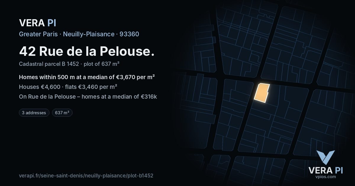 42 Rue de la Pelouse, Neuilly-Plaisance at night – the plot lit, the parcels around coloured by the prices near them