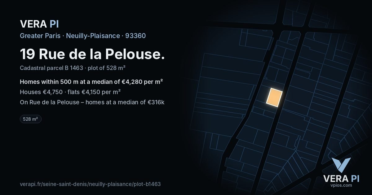 19 Rue de la Pelouse, Neuilly-Plaisance at night – the plot lit, the parcels around coloured by the prices near them
