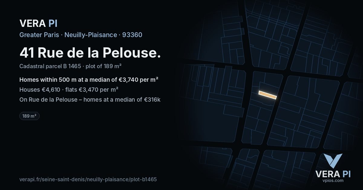 41 Rue de la Pelouse, Neuilly-Plaisance at night – the plot lit, the parcels around coloured by the prices near them