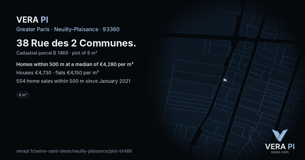 38 Rue des 2 Communes, Neuilly-Plaisance at night – the plot lit, the parcels around coloured by the prices near them
