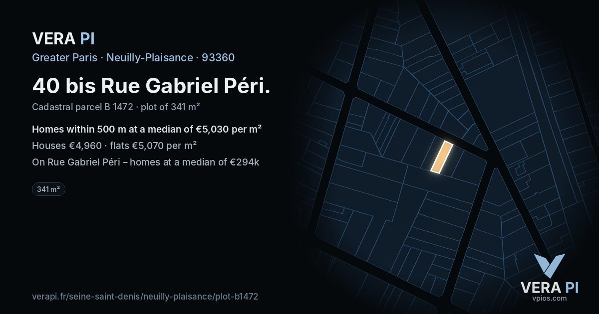 40 bis Rue Gabriel Péri, Neuilly-Plaisance at night – the plot lit, the parcels around coloured by the prices near them