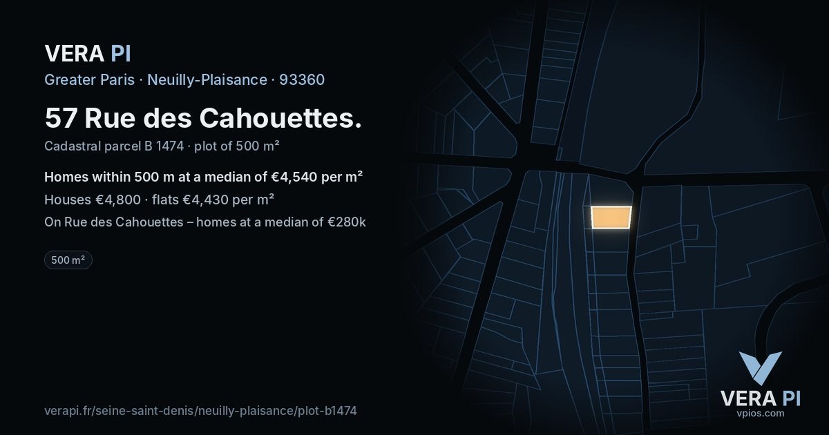 57 Rue des Cahouettes, Neuilly-Plaisance at night – the plot lit, the parcels around coloured by the prices near them