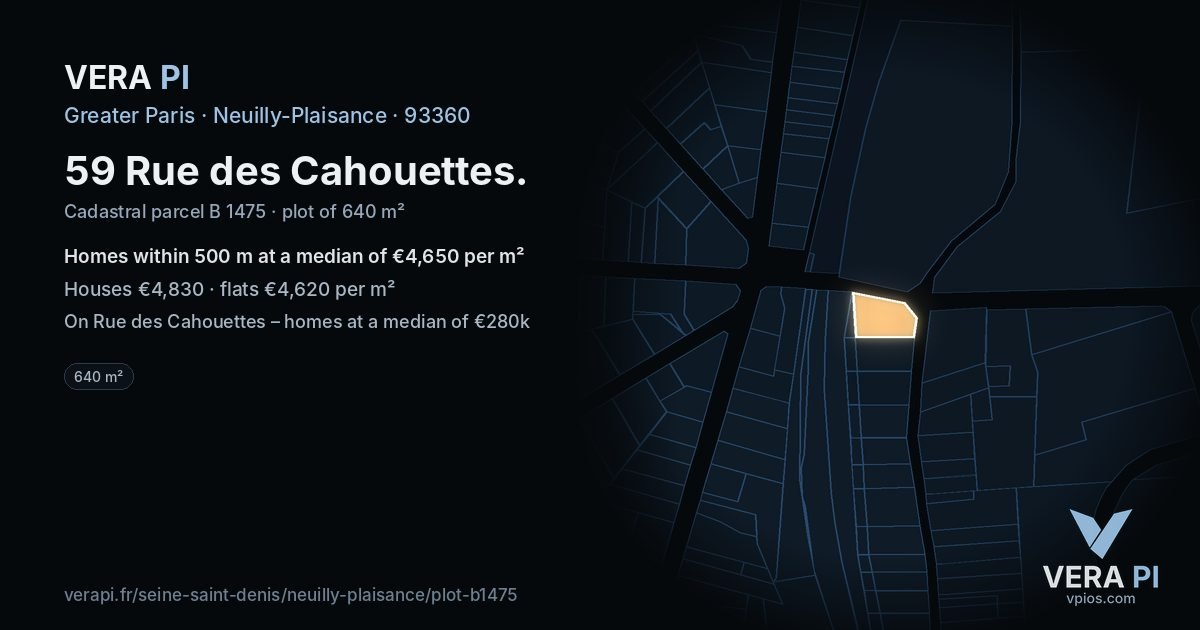 59 Rue des Cahouettes, Neuilly-Plaisance at night – the plot lit, the parcels around coloured by the prices near them