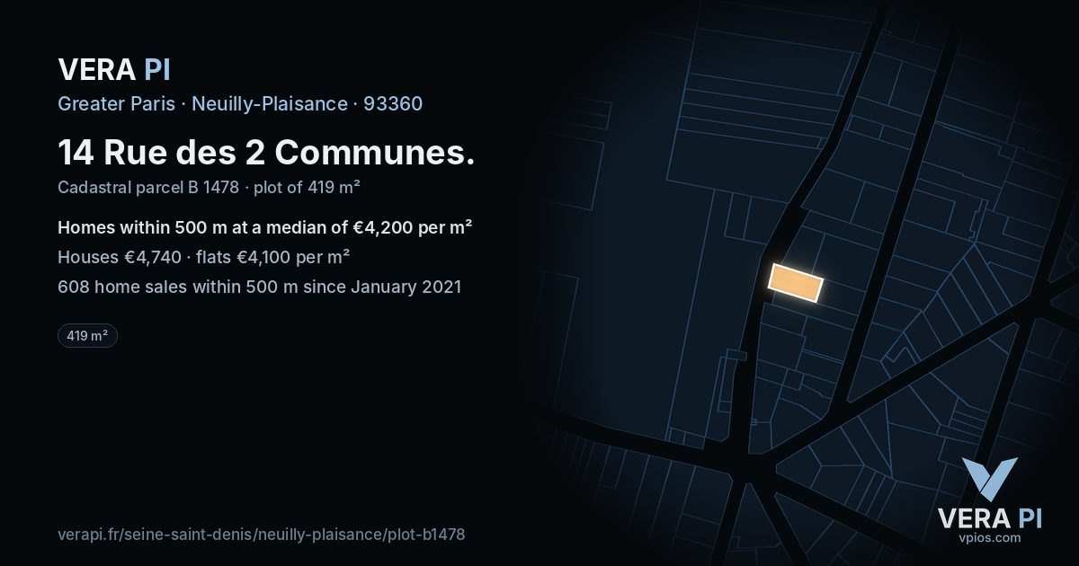 14 Rue des 2 Communes, Neuilly-Plaisance at night – the plot lit, the parcels around coloured by the prices near them