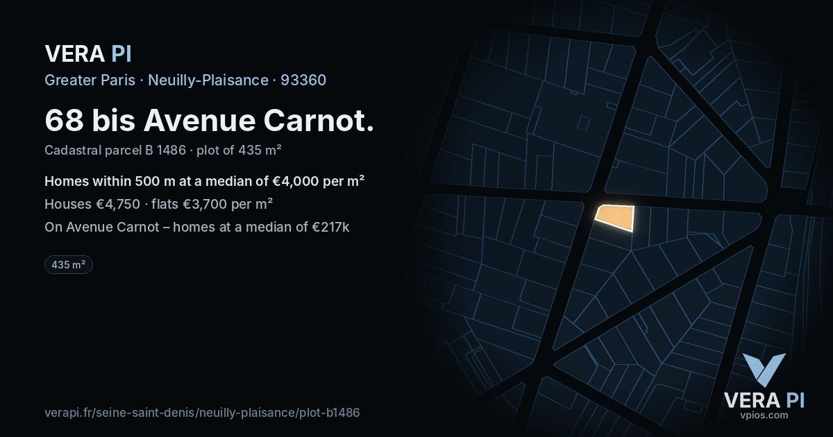 68 bis Avenue Carnot, Neuilly-Plaisance at night – the plot lit, the parcels around coloured by the prices near them
