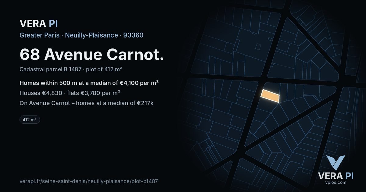 68 Avenue Carnot, Neuilly-Plaisance at night – the plot lit, the parcels around coloured by the prices near them