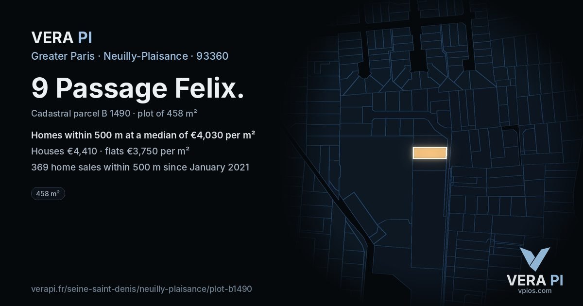 9 Passage Felix, Neuilly-Plaisance at night – the plot lit, the parcels around coloured by the prices near them