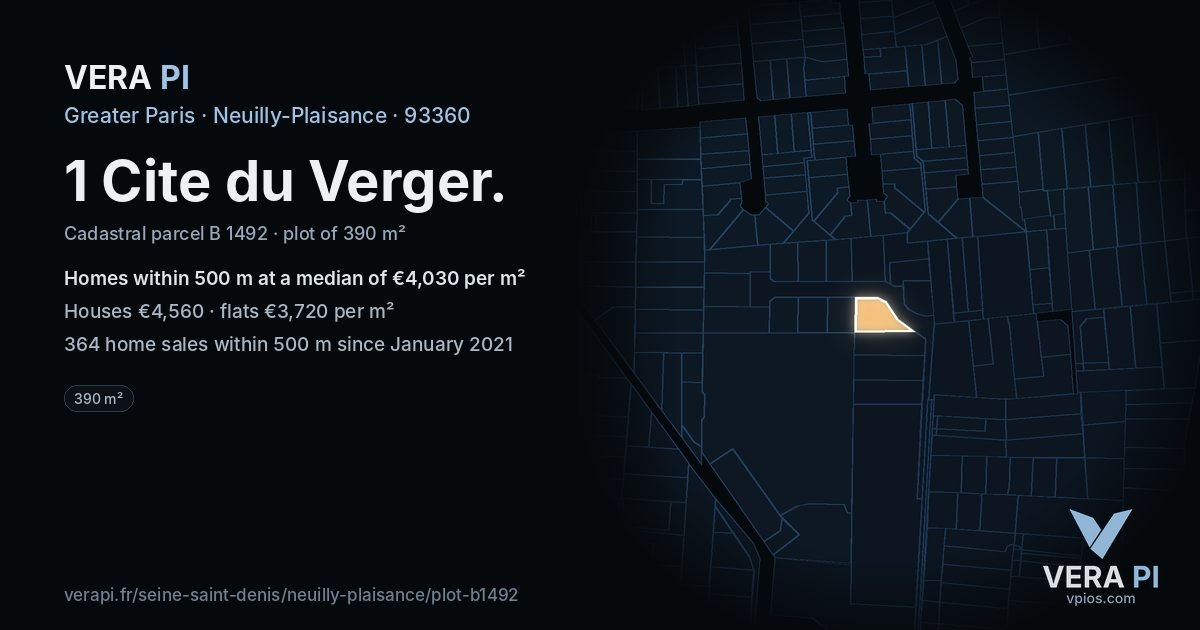 1 Cite du Verger, Neuilly-Plaisance at night – the plot lit, the parcels around coloured by the prices near them