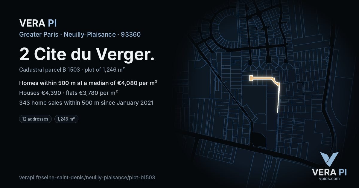 2 Cite du Verger, Neuilly-Plaisance at night – the plot lit, the parcels around coloured by the prices near them