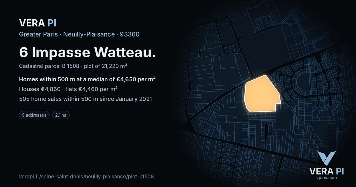 6 Impasse Watteau, Neuilly-Plaisance at night – the plot lit, the parcels around coloured by the prices near them