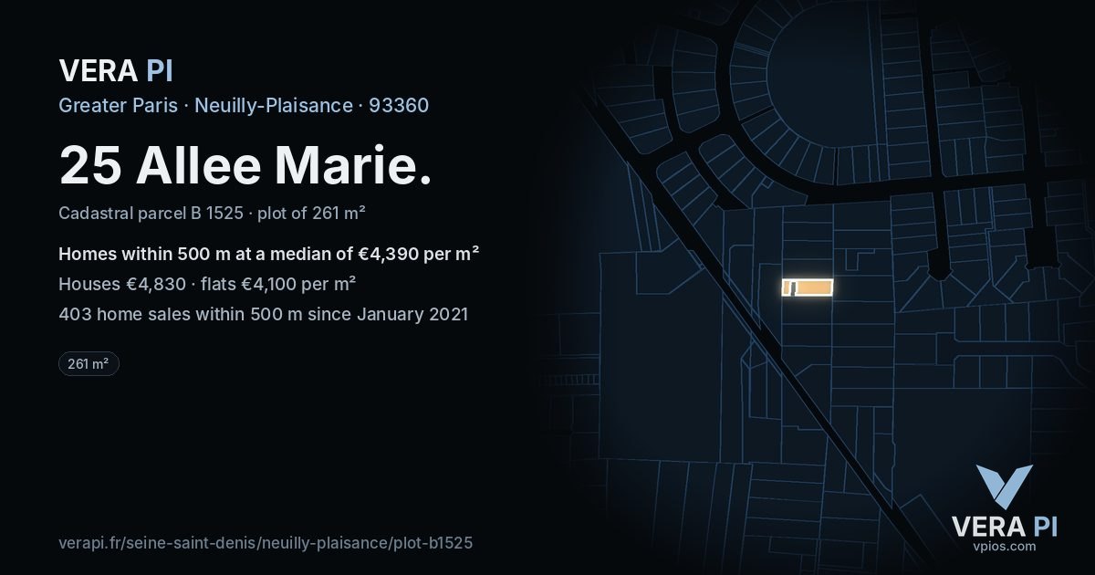 25 Allee Marie, Neuilly-Plaisance at night – the plot lit, the parcels around coloured by the prices near them