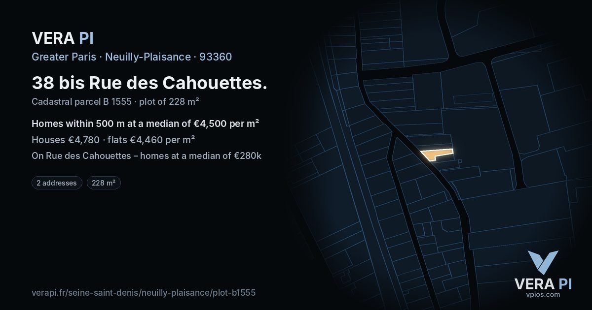 38 bis Rue des Cahouettes, Neuilly-Plaisance at night – the plot lit, the parcels around coloured by the prices near them