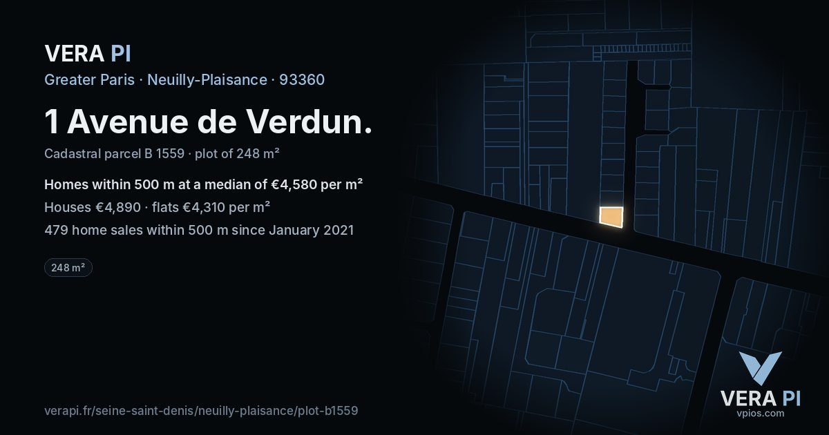 1 Avenue de Verdun, Neuilly-Plaisance at night – the plot lit, the parcels around coloured by the prices near them