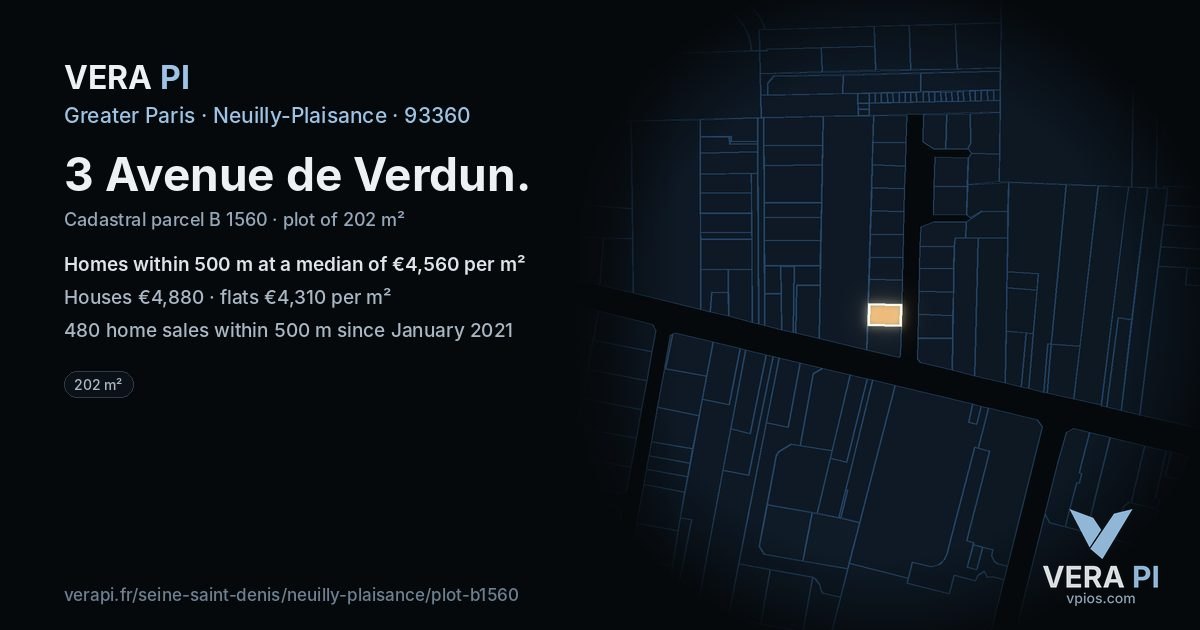 3 Avenue de Verdun, Neuilly-Plaisance at night – the plot lit, the parcels around coloured by the prices near them