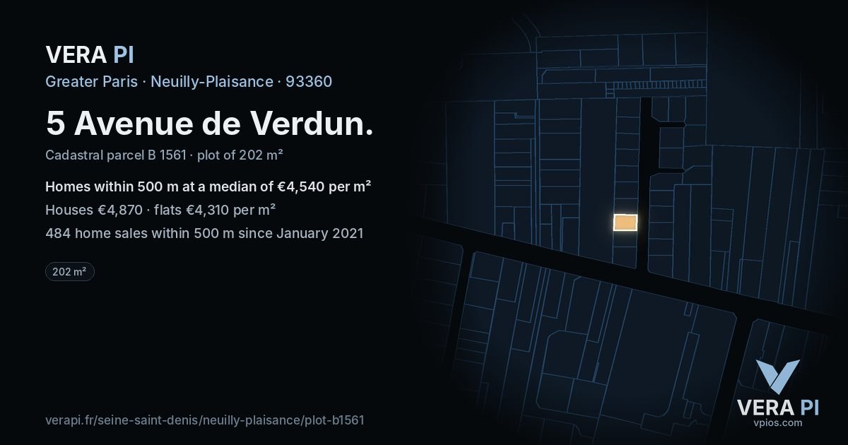 5 Avenue de Verdun, Neuilly-Plaisance at night – the plot lit, the parcels around coloured by the prices near them