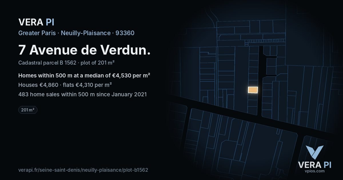 7 Avenue de Verdun, Neuilly-Plaisance at night – the plot lit, the parcels around coloured by the prices near them