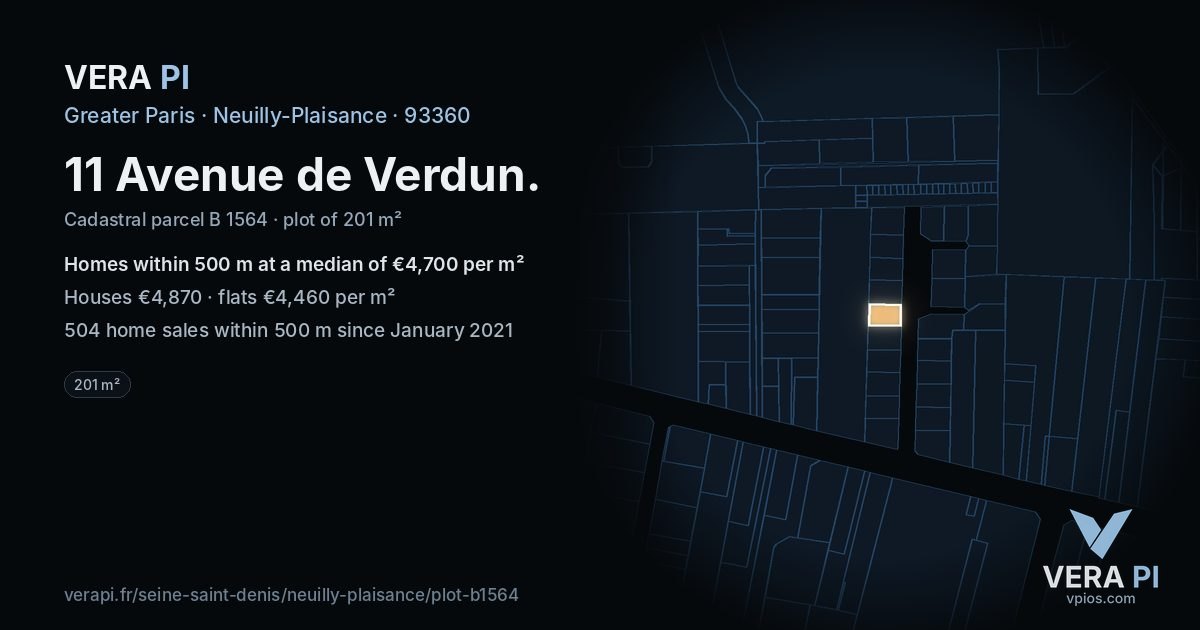 11 Avenue de Verdun, Neuilly-Plaisance at night – the plot lit, the parcels around coloured by the prices near them