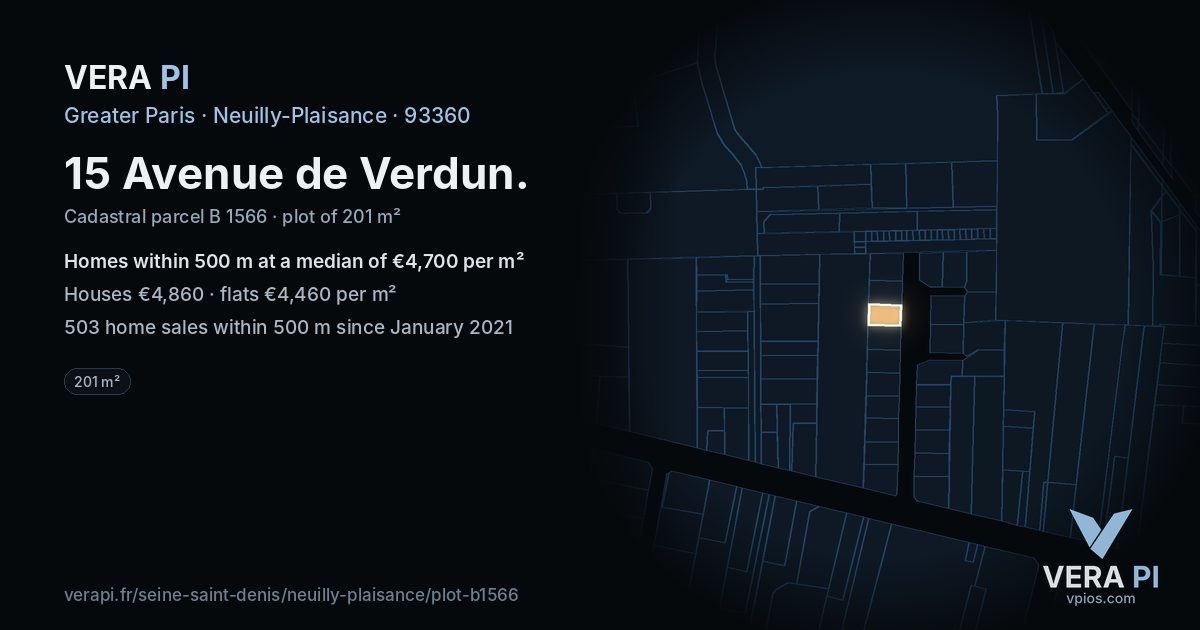 15 Avenue de Verdun, Neuilly-Plaisance at night – the plot lit, the parcels around coloured by the prices near them