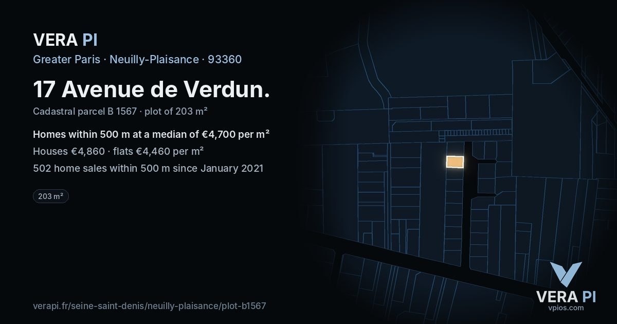 17 Avenue de Verdun, Neuilly-Plaisance at night – the plot lit, the parcels around coloured by the prices near them