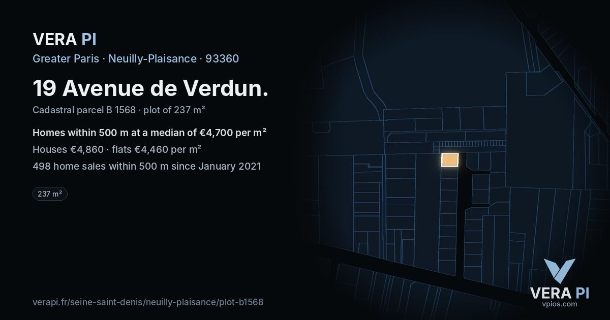 19 Avenue de Verdun, Neuilly-Plaisance at night – the plot lit, the parcels around coloured by the prices near them
