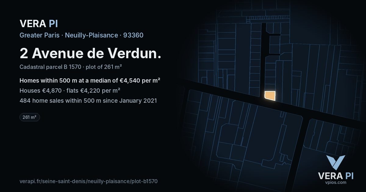 2 Avenue de Verdun, Neuilly-Plaisance at night – the plot lit, the parcels around coloured by the prices near them