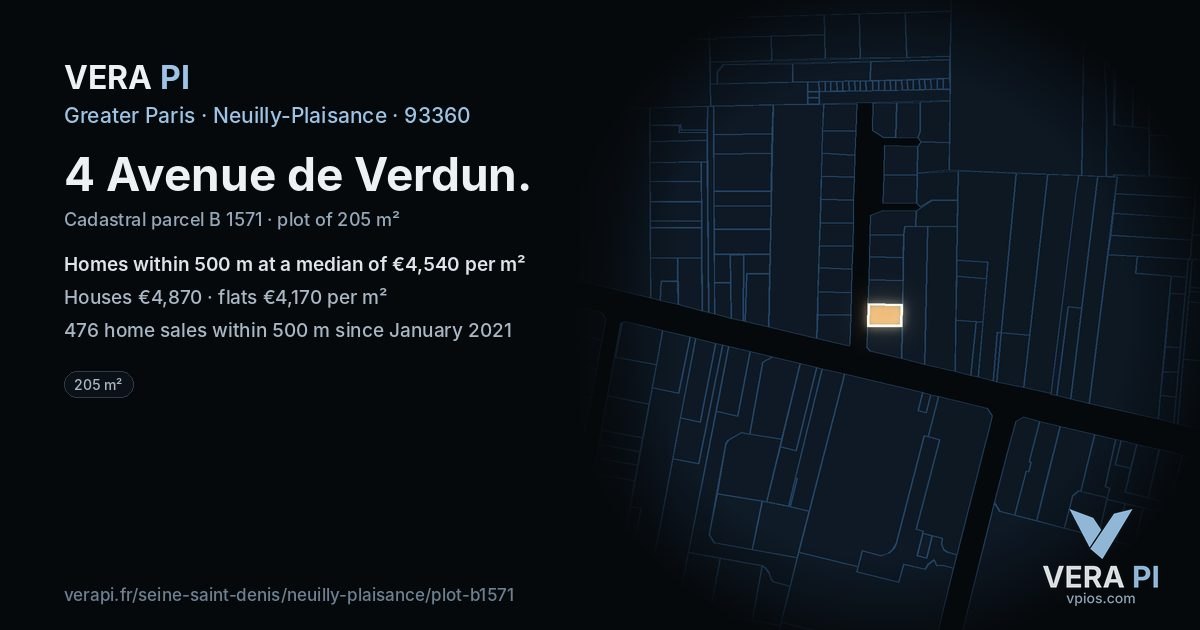 4 Avenue de Verdun, Neuilly-Plaisance at night – the plot lit, the parcels around coloured by the prices near them