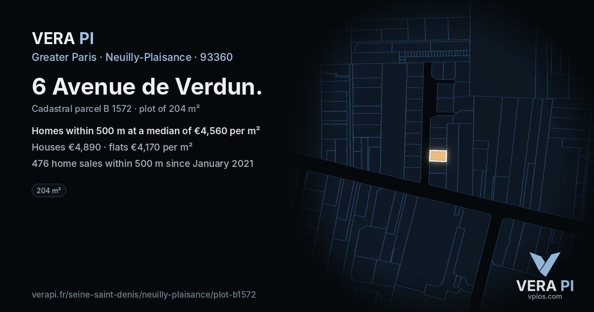 6 Avenue de Verdun, Neuilly-Plaisance at night – the plot lit, the parcels around coloured by the prices near them