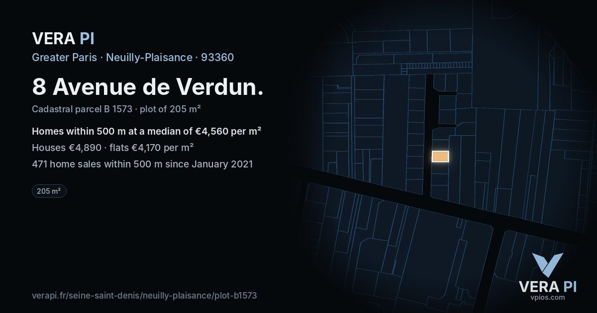 8 Avenue de Verdun, Neuilly-Plaisance at night – the plot lit, the parcels around coloured by the prices near them