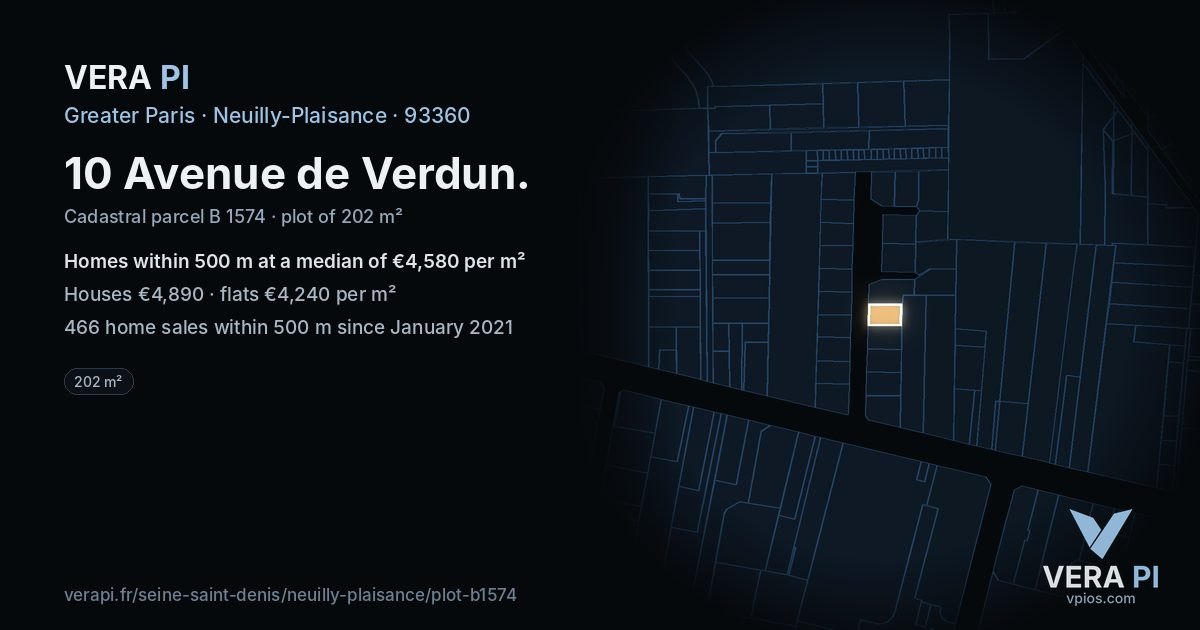10 Avenue de Verdun, Neuilly-Plaisance at night – the plot lit, the parcels around coloured by the prices near them