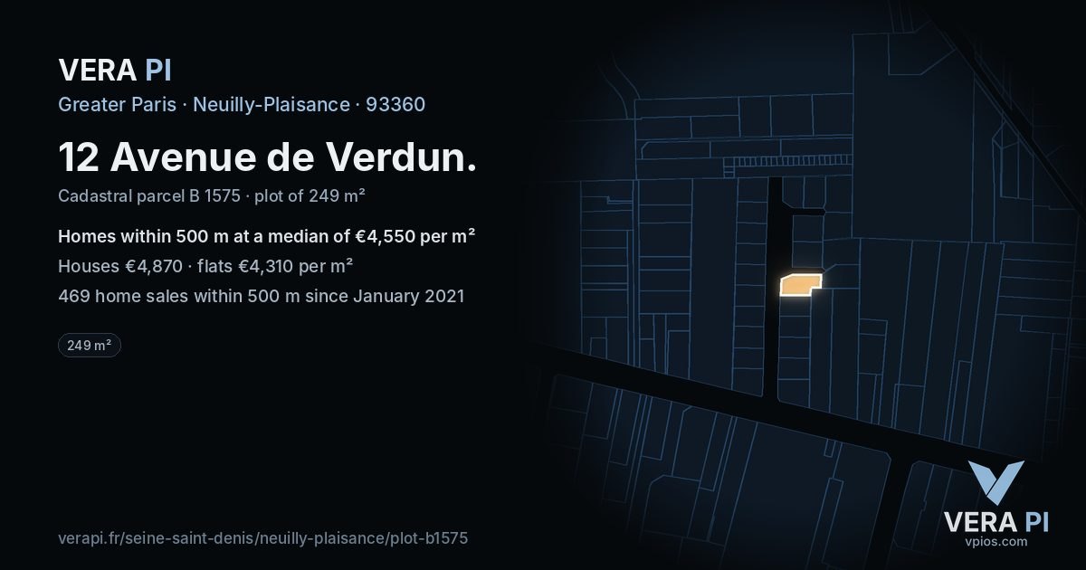 12 Avenue de Verdun, Neuilly-Plaisance at night – the plot lit, the parcels around coloured by the prices near them