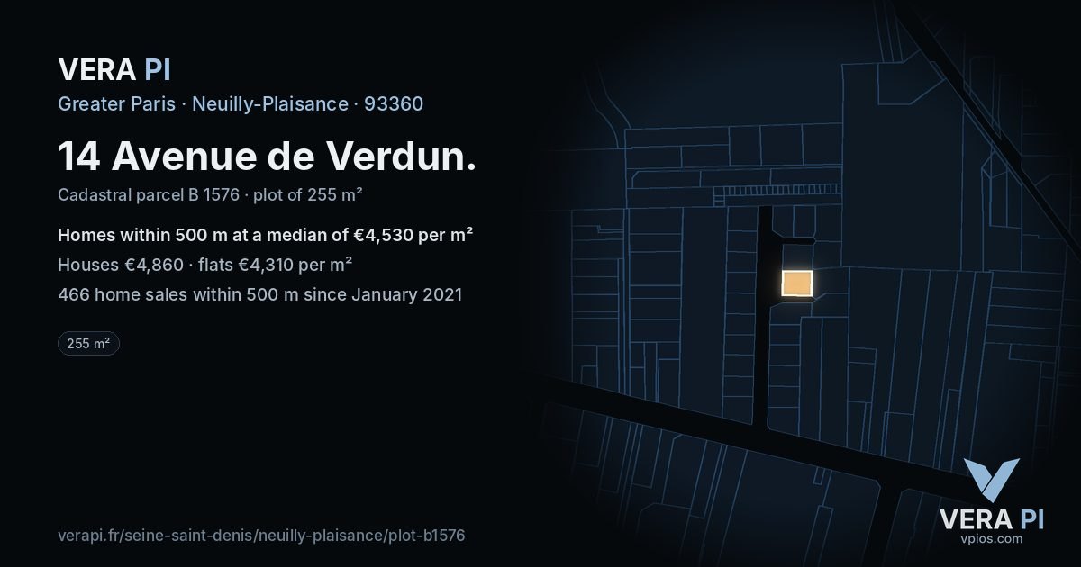 14 Avenue de Verdun, Neuilly-Plaisance at night – the plot lit, the parcels around coloured by the prices near them
