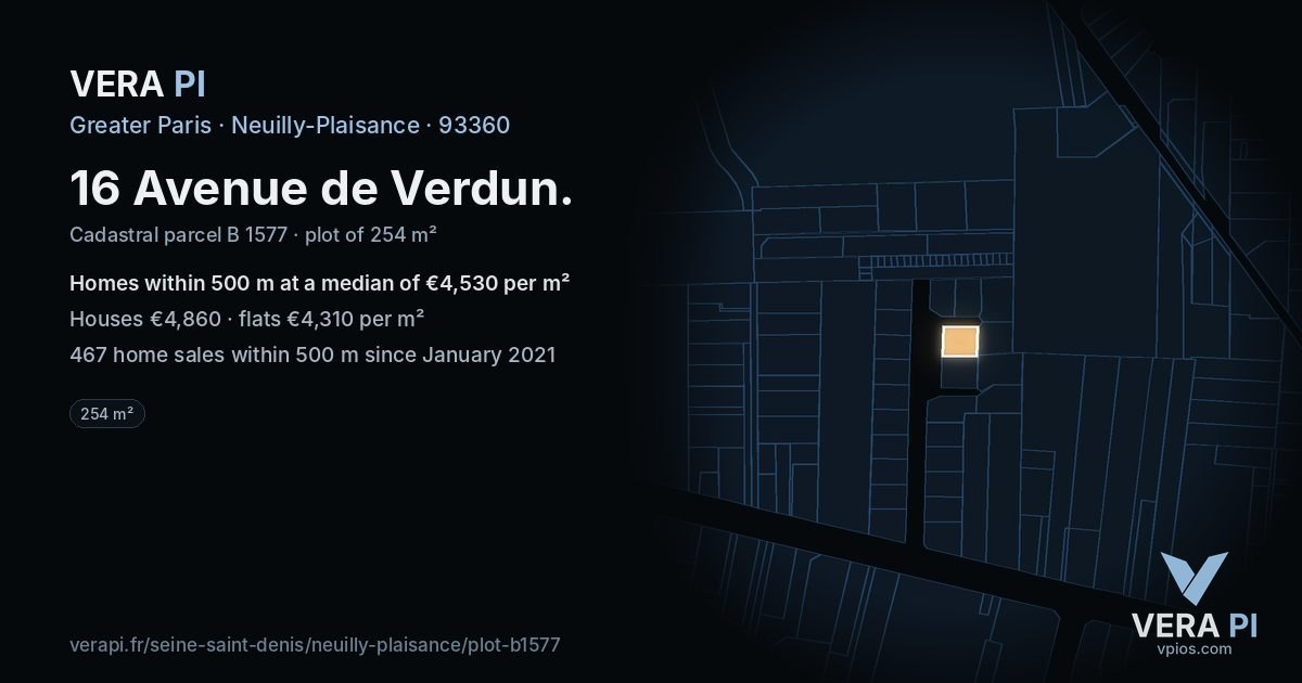 16 Avenue de Verdun, Neuilly-Plaisance at night – the plot lit, the parcels around coloured by the prices near them