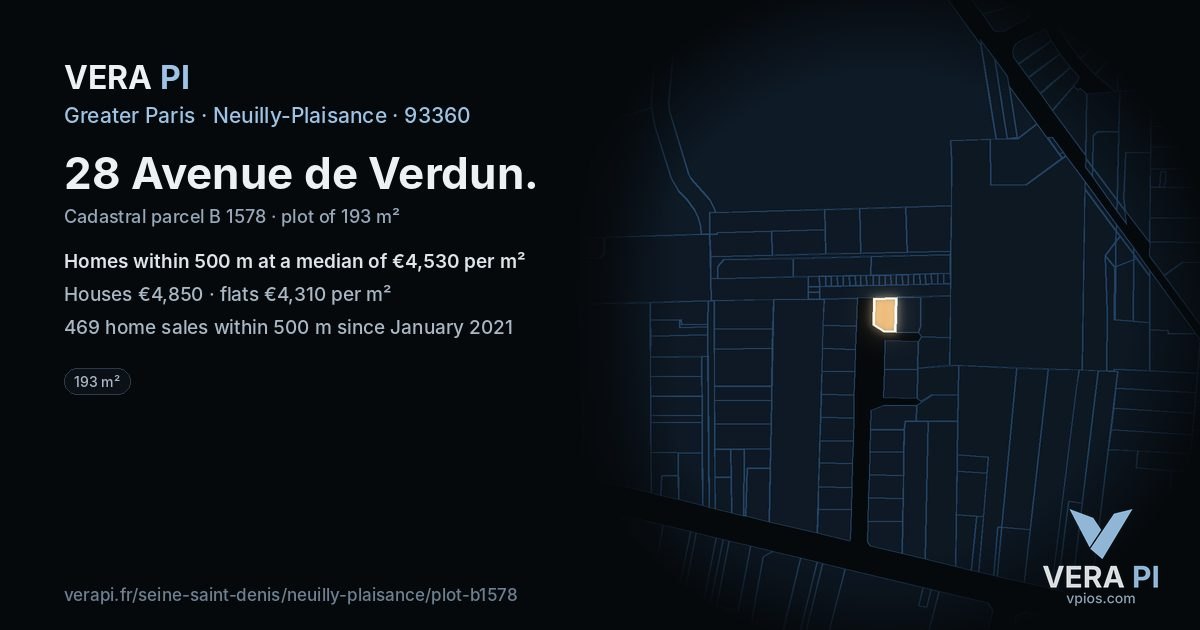 28 Avenue de Verdun, Neuilly-Plaisance at night – the plot lit, the parcels around coloured by the prices near them