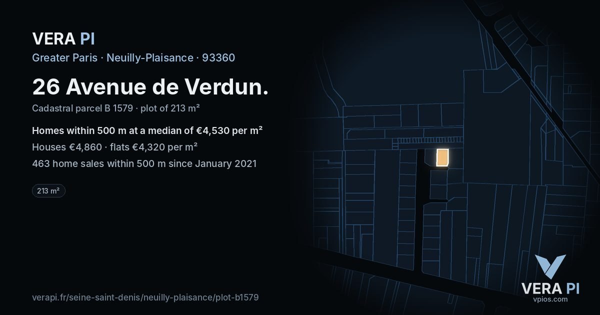26 Avenue de Verdun, Neuilly-Plaisance at night – the plot lit, the parcels around coloured by the prices near them
