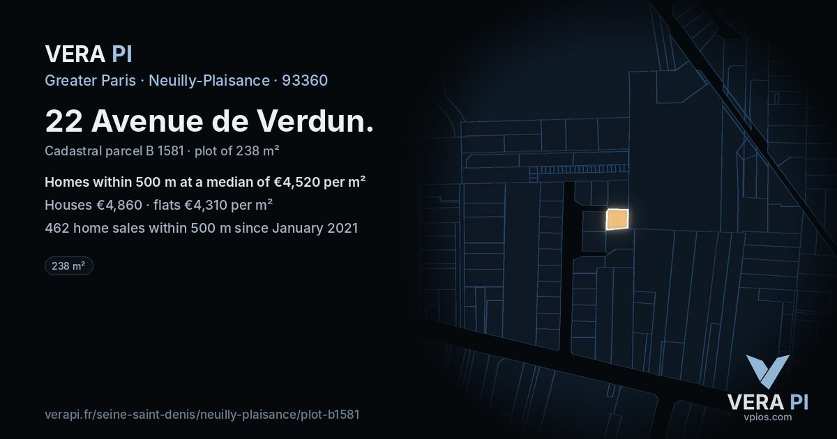 22 Avenue de Verdun, Neuilly-Plaisance at night – the plot lit, the parcels around coloured by the prices near them