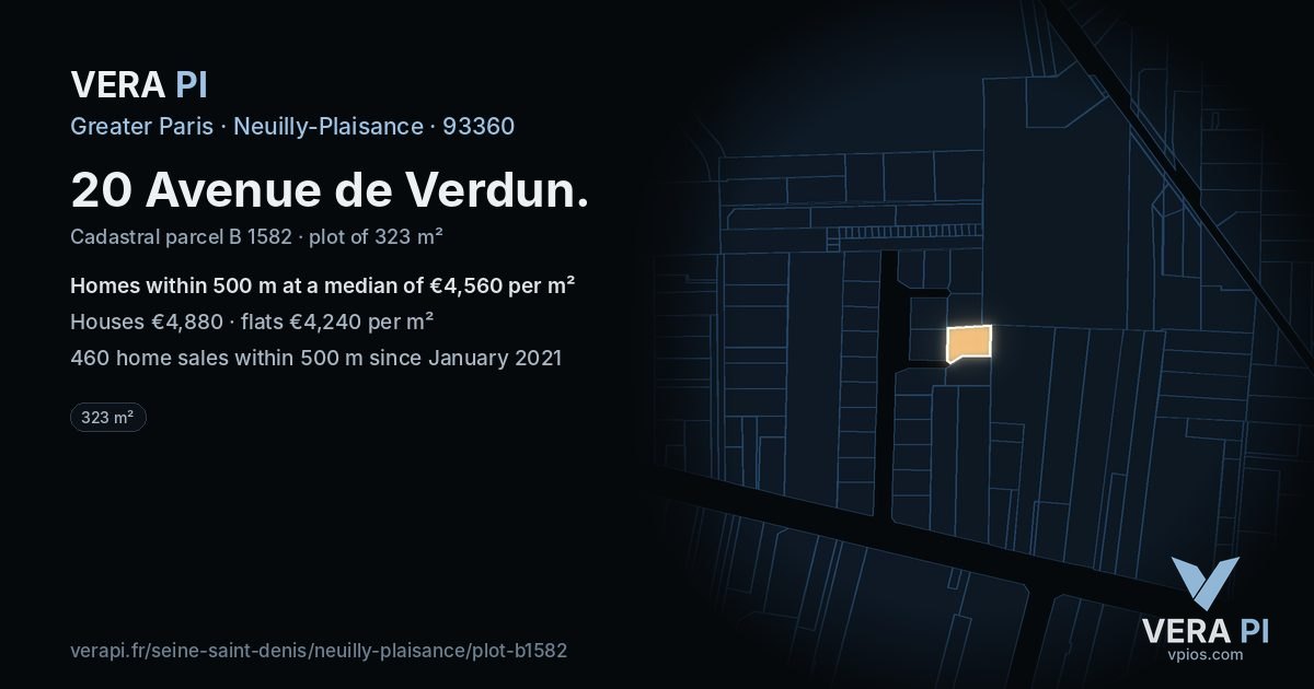 20 Avenue de Verdun, Neuilly-Plaisance at night – the plot lit, the parcels around coloured by the prices near them