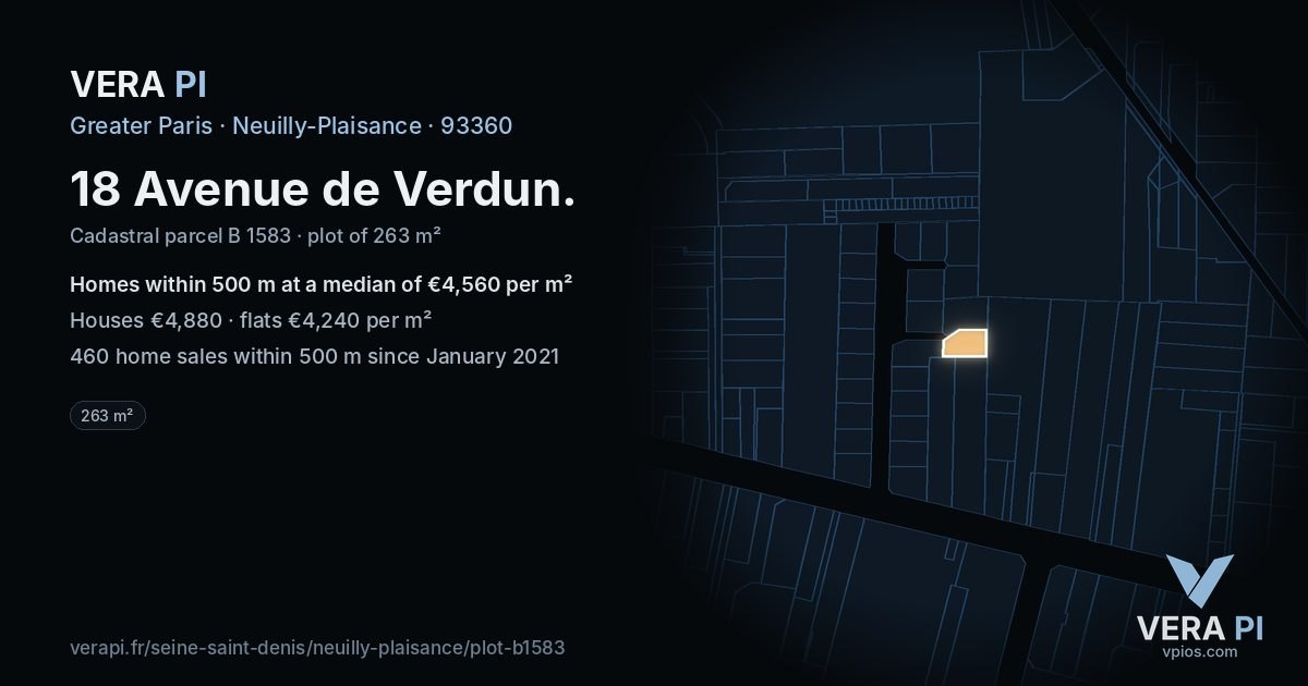 18 Avenue de Verdun, Neuilly-Plaisance at night – the plot lit, the parcels around coloured by the prices near them